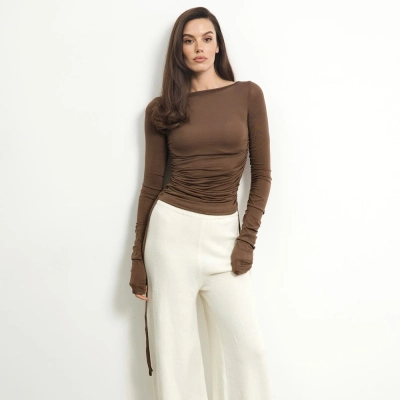Solid Color Fitted Long Sleeve Crop Top with Adjustable Drawstring 02