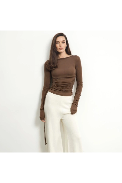 Solid Color Fitted Long Sleeve Crop Top with Adjustable Drawstring 02
