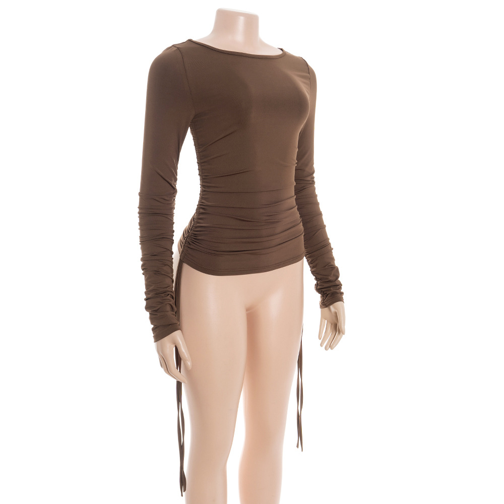 Solid Color Fitted Long Sleeve Crop Top with Adjustable Drawstring