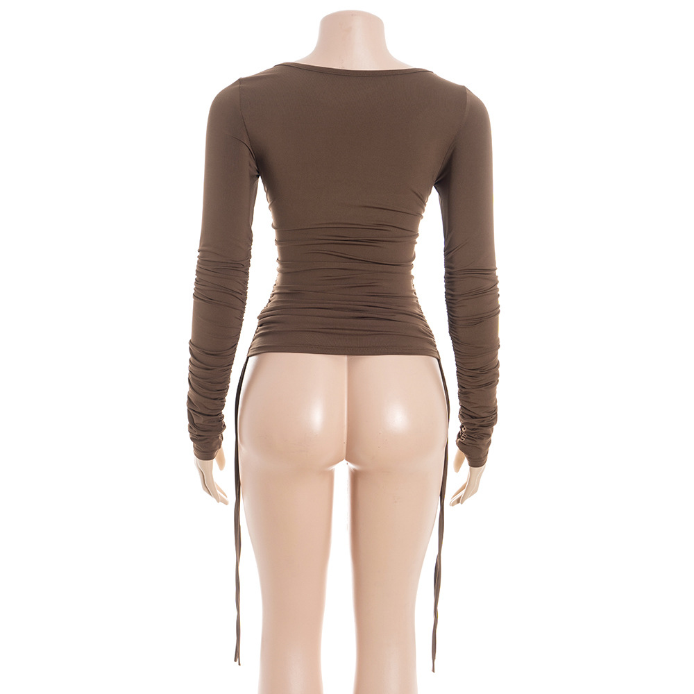 Solid Color Fitted Long Sleeve Crop Top with Adjustable Drawstring