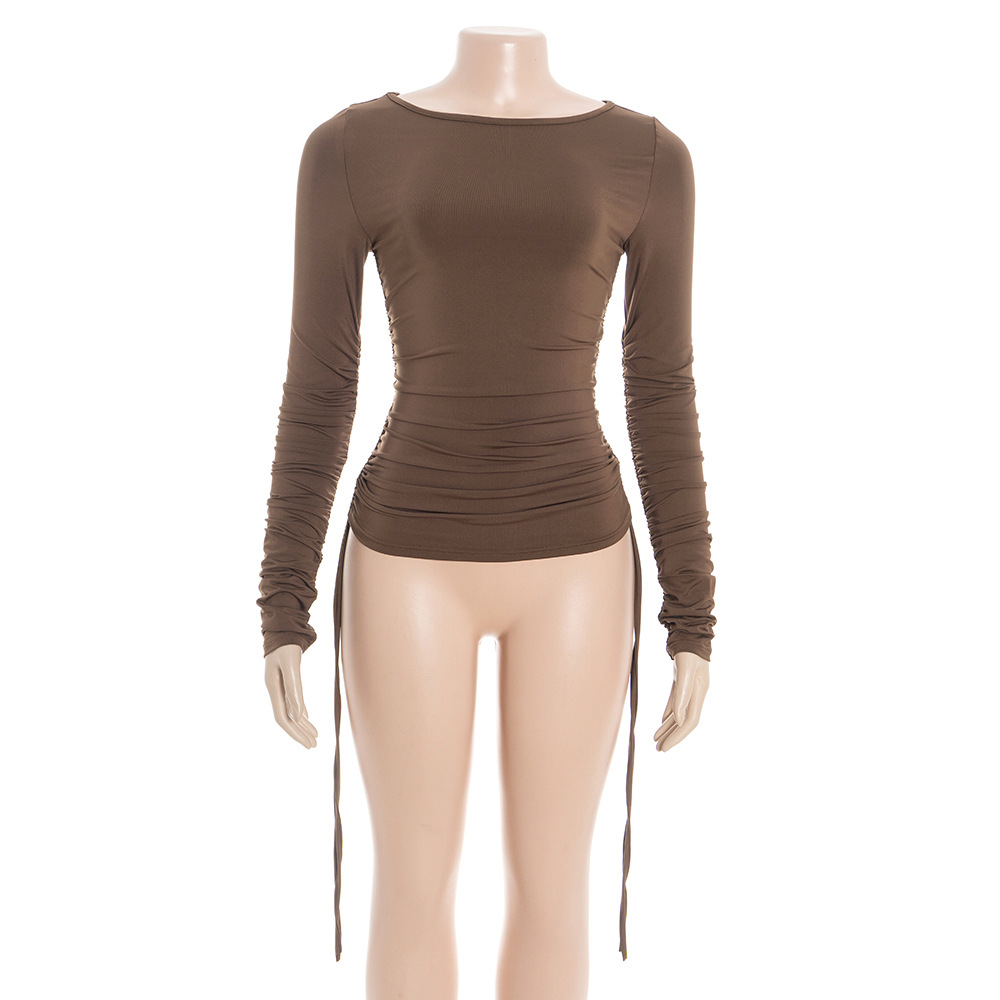 Solid Color Fitted Long Sleeve Crop Top with Adjustable Drawstring