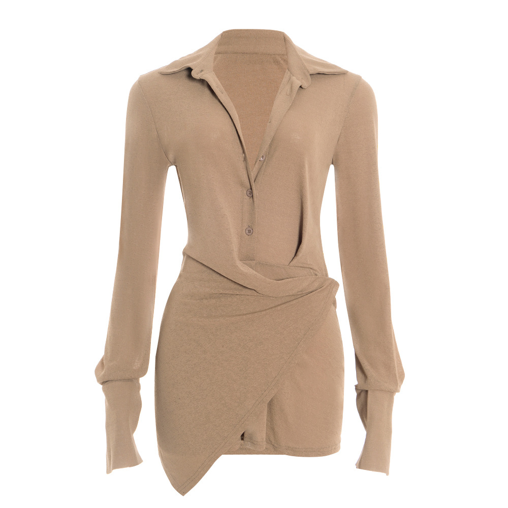 Solid Color Long Sleeve Polo Neck Mini Dress with Single-Breasted Buttons