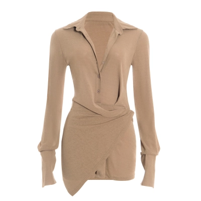 Solid Color Long Sleeve Polo Neck Mini Dress with Single-Breasted Buttons 01