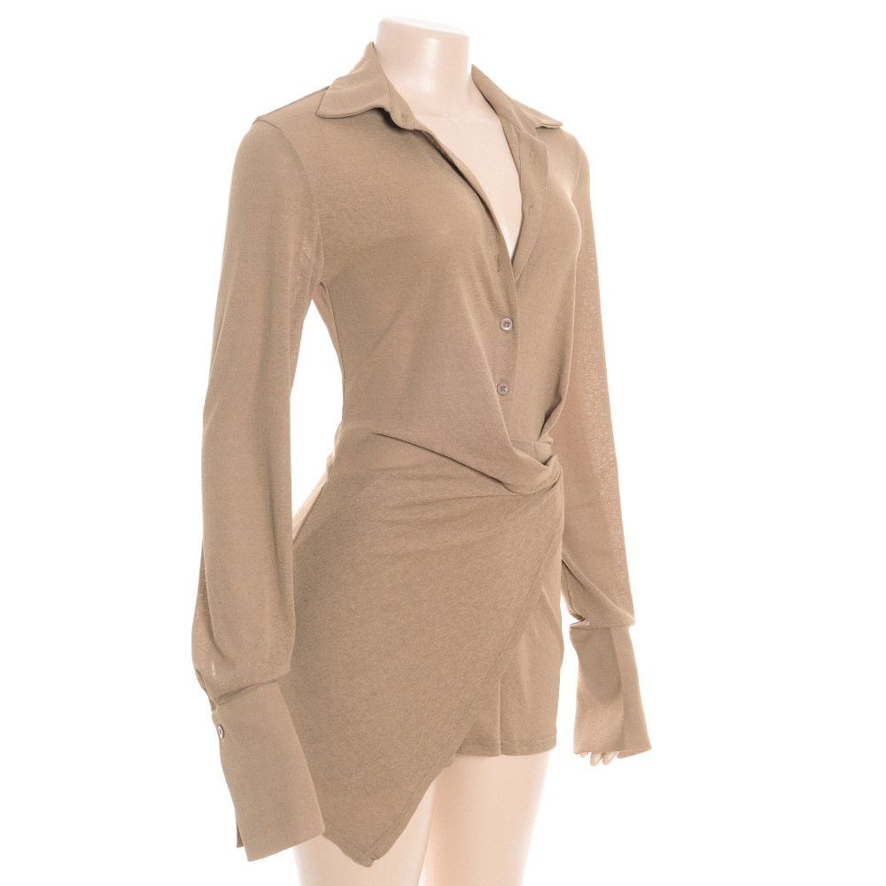 Solid Color Long Sleeve Polo Neck Mini Dress with Single-Breasted Buttons