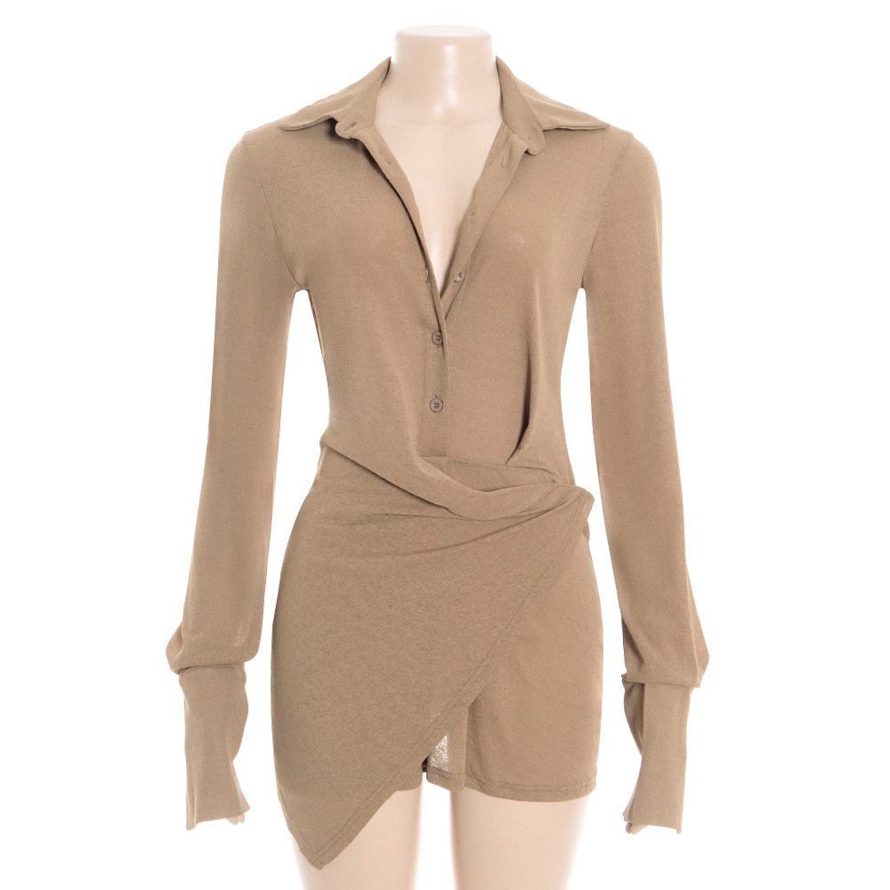 Solid Color Long Sleeve Polo Neck Mini Dress with Single-Breasted Buttons