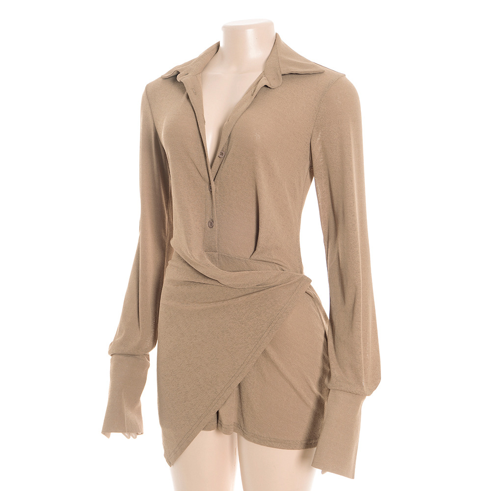 Solid Color Long Sleeve Polo Neck Mini Dress with Single-Breasted Buttons