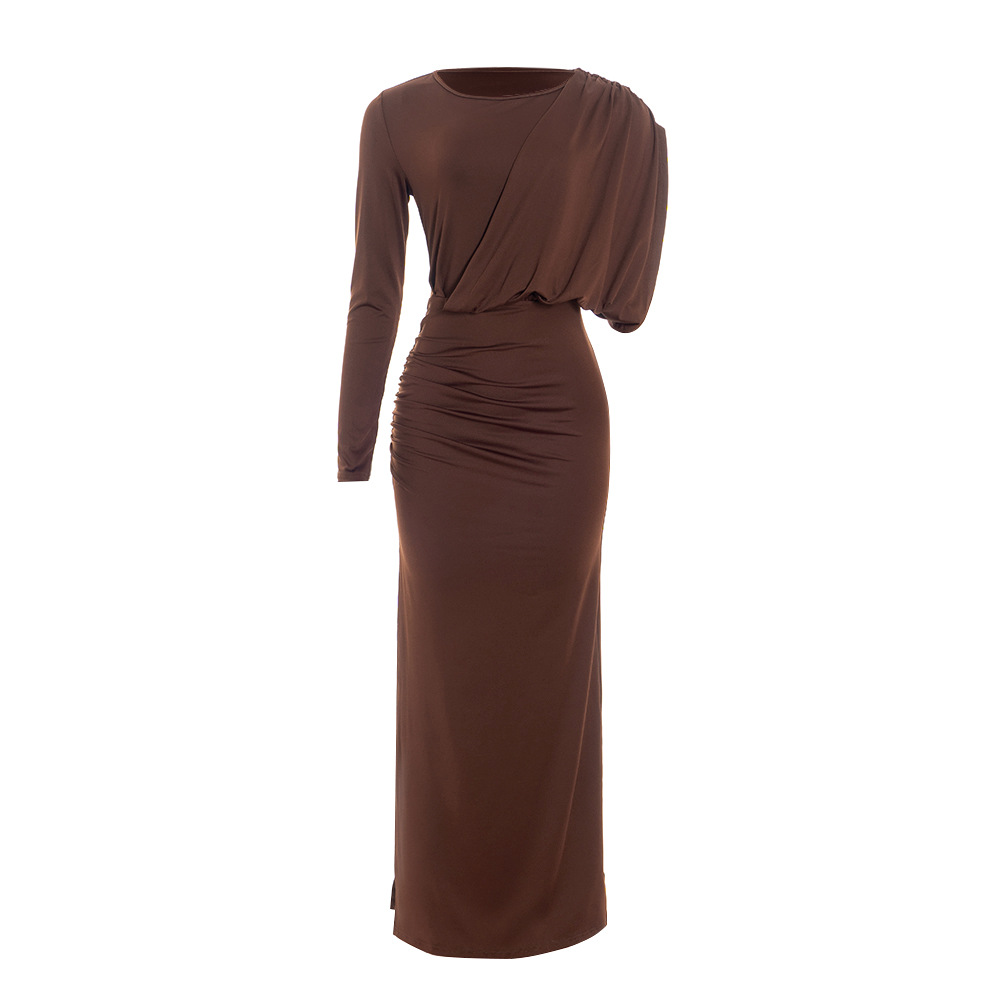 Solid Color Asymmetrical Long Sleeve Maxi Dress