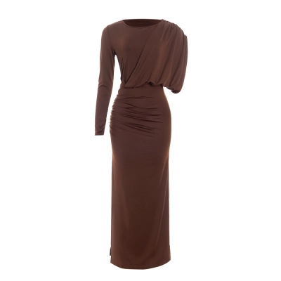 Solid Color Asymmetrical Long Sleeve Maxi Dress 01