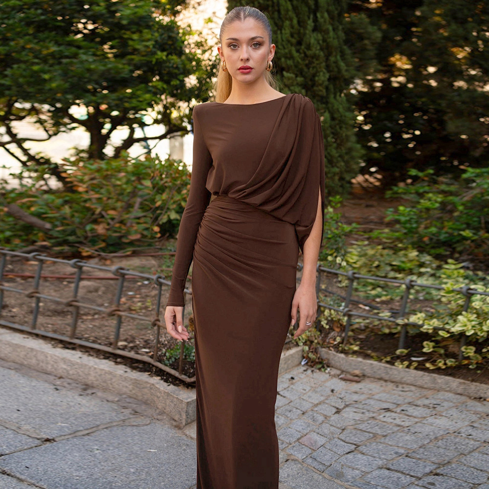 Solid Color Asymmetrical Long Sleeve Maxi Dress