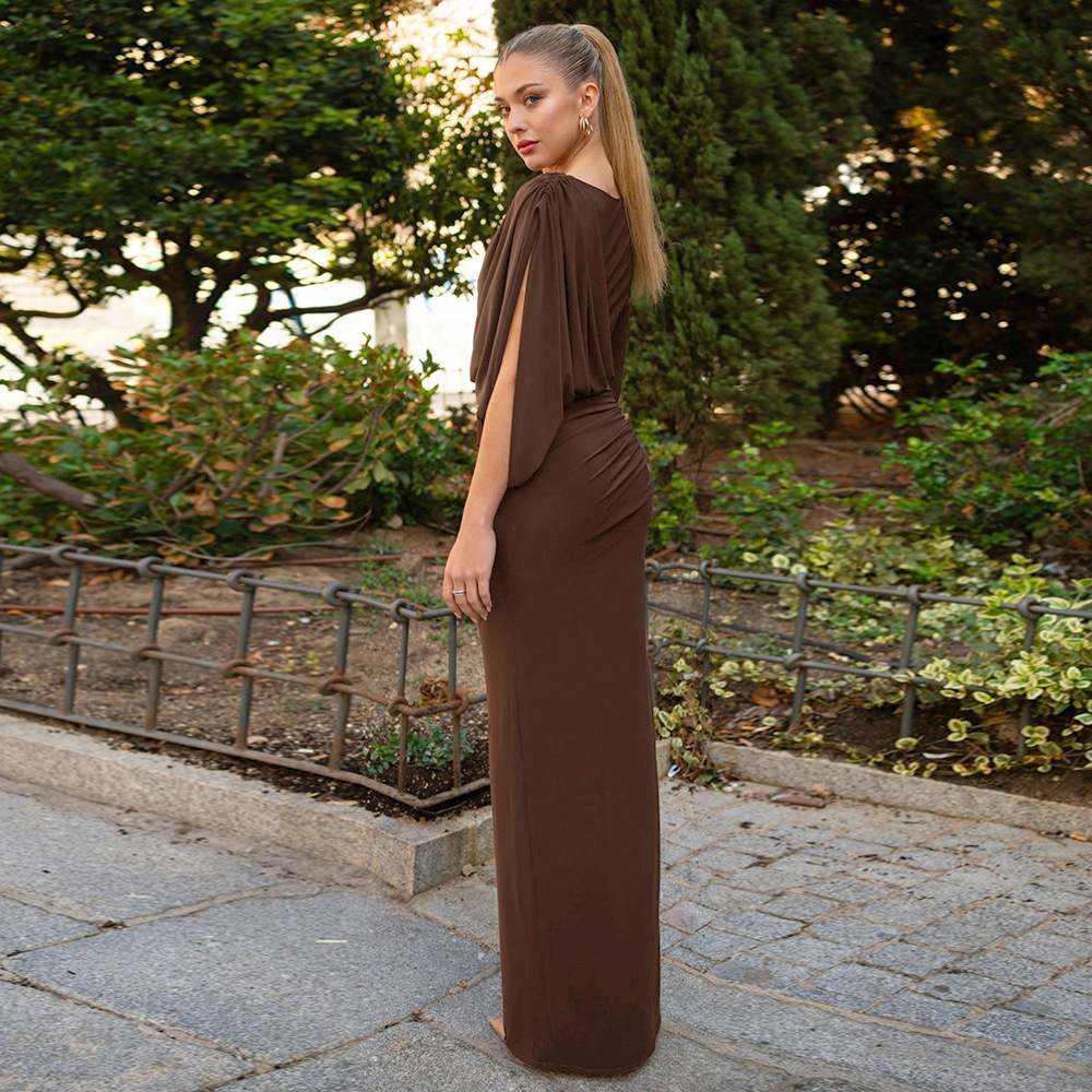 Solid Color Asymmetrical Long Sleeve Maxi Dress