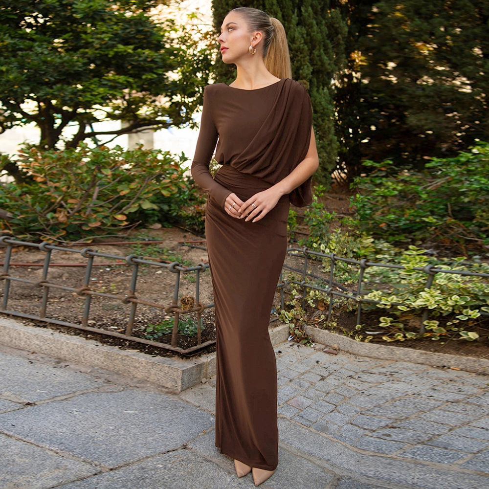 Solid Color Asymmetrical Long Sleeve Maxi Dress