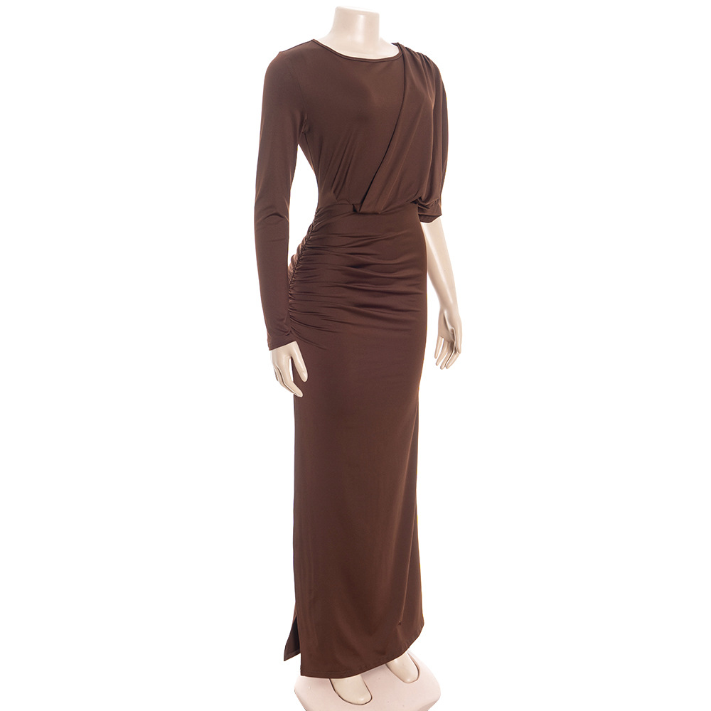 Solid Color Asymmetrical Long Sleeve Maxi Dress