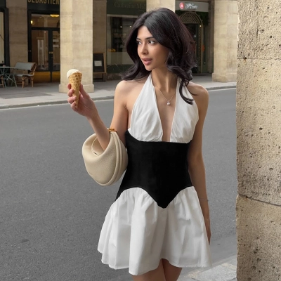 Black & White Color-Block Halter Neck Mini Dress 02