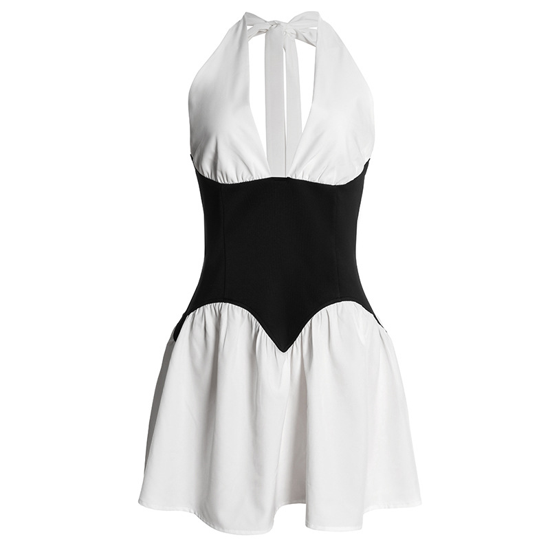 Black & White Color-Block Halter Neck Mini Dress