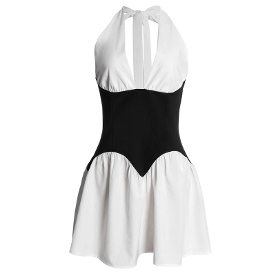 Black & White Color-Block Halter Neck Mini Dress 01