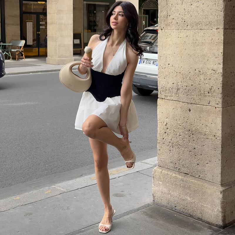 Black & White Color-Block Halter Neck Mini Dress