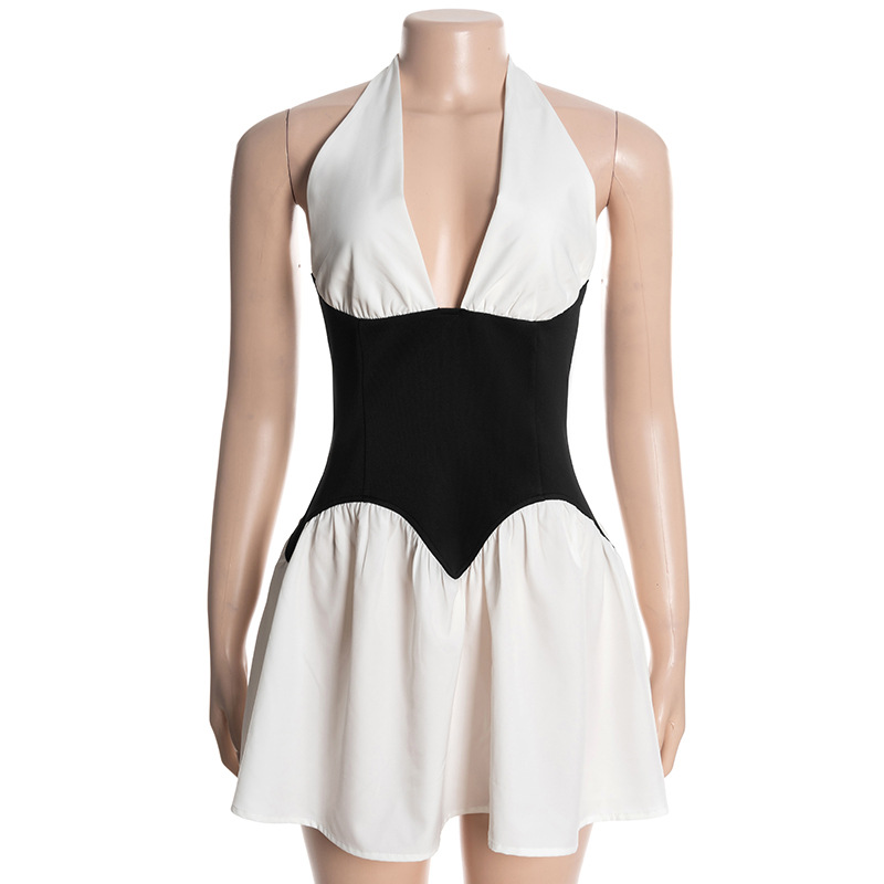 Black & White Color-Block Halter Neck Mini Dress