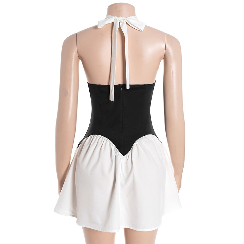 Black & White Color-Block Halter Neck Mini Dress