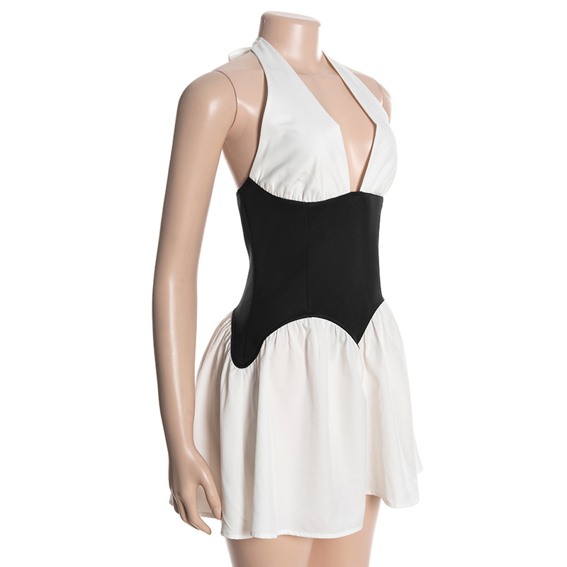 Black & White Color-Block Halter Neck Mini Dress