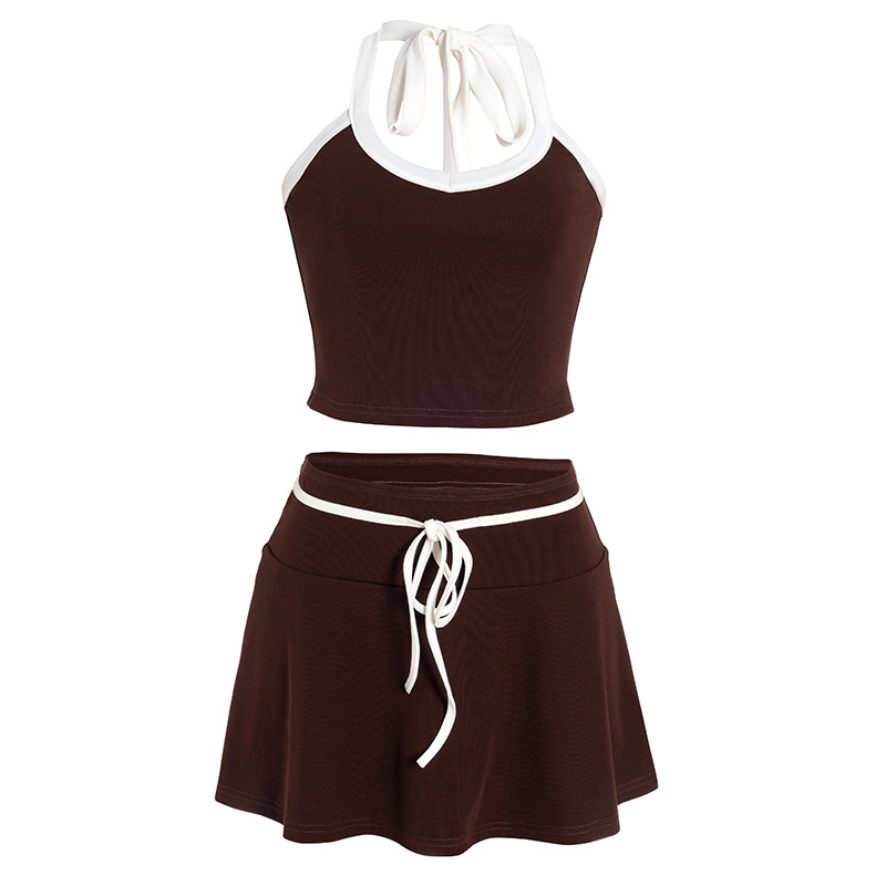 Sleeveless Backless Crop Top & Color-Block Low-Rise A-Line Mini SkirtNeck Two-Piece Set
