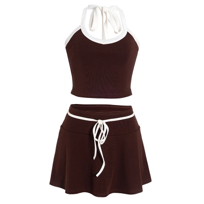 Sleeveless Backless Crop Top & Color-Block Low-Rise A-Line Mini SkirtNeck Two-Piece Set 01