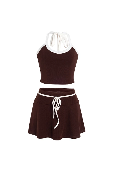 Sleeveless Backless Crop Top & Color-Block Low-Rise A-Line Mini SkirtNeck Two-Piece Set 01