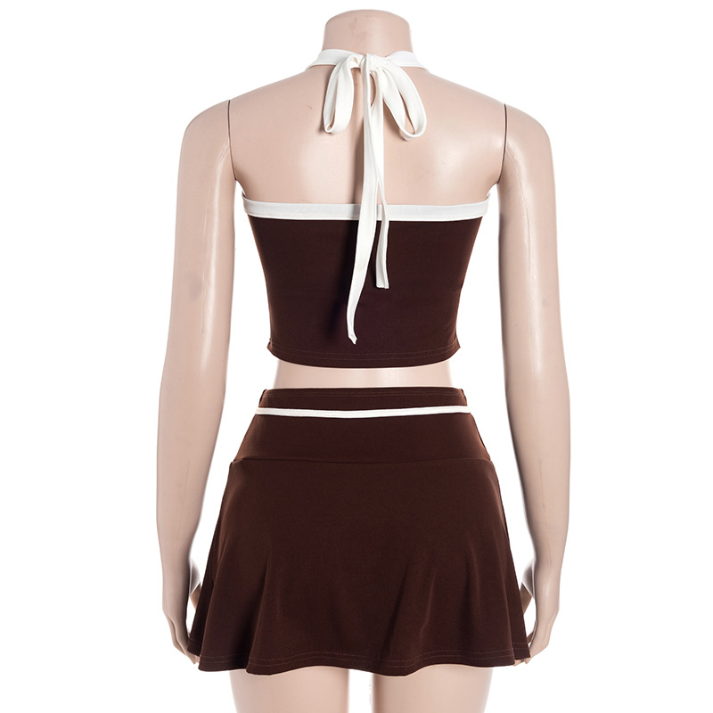 Sleeveless Backless Crop Top & Color-Block Low-Rise A-Line Mini SkirtNeck Two-Piece Set