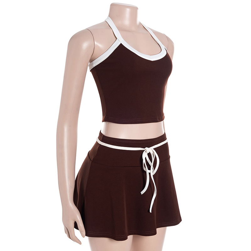 Sleeveless Backless Crop Top & Color-Block Low-Rise A-Line Mini SkirtNeck Two-Piece Set