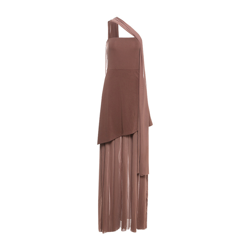 Backless Sheer Mesh Bodycon Maxi Dress with Detachable Scarf Collar