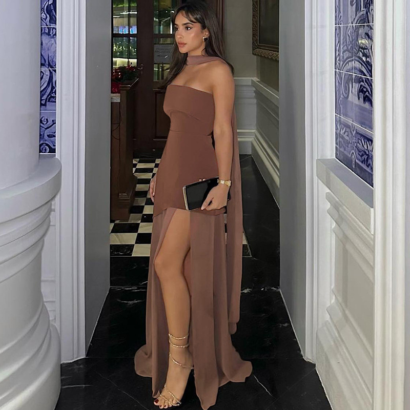 Backless Sheer Mesh Bodycon Maxi Dress with Detachable Scarf Collar