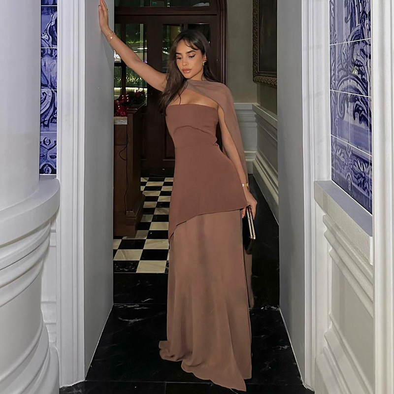 Backless Sheer Mesh Bodycon Maxi Dress with Detachable Scarf Collar