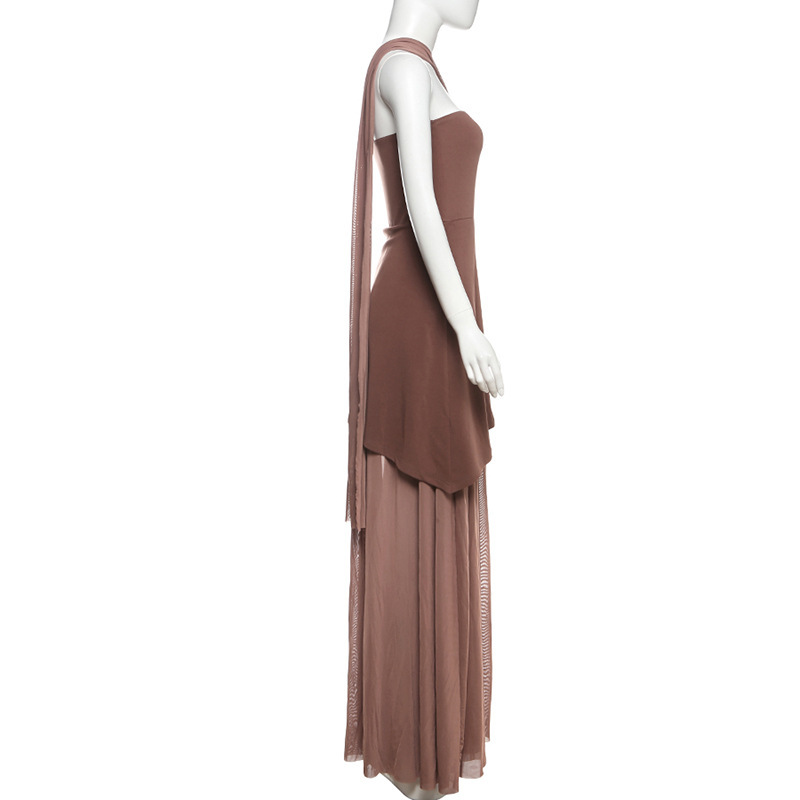 Backless Sheer Mesh Bodycon Maxi Dress with Detachable Scarf Collar