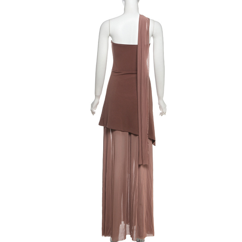 Backless Sheer Mesh Bodycon Maxi Dress with Detachable Scarf Collar