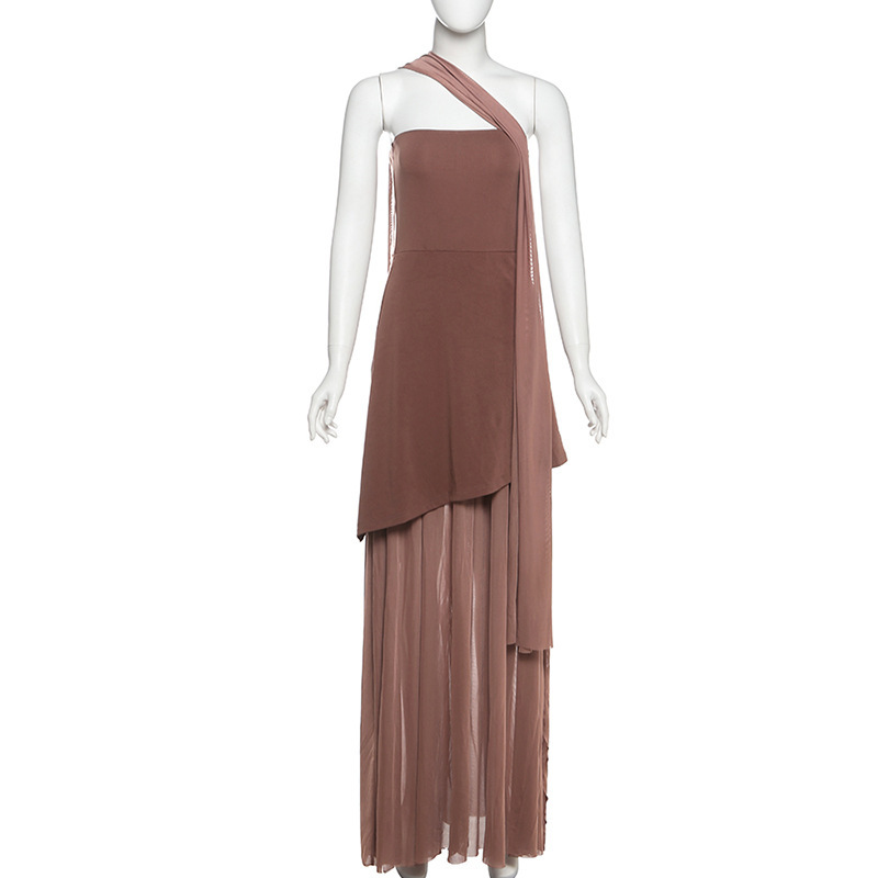 Backless Sheer Mesh Bodycon Maxi Dress with Detachable Scarf Collar