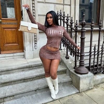 Round Neck Long Sleeve Crop Top & High-Waisted Mini Skirt Matching Outfit Fall Plaid Two-Piece Set 02
