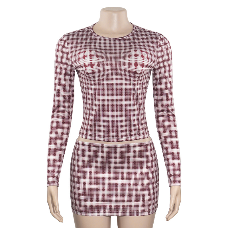 Round Neck Long Sleeve Crop Top & High-Waisted Mini Skirt Matching Outfit Fall Plaid Two-Piece Set