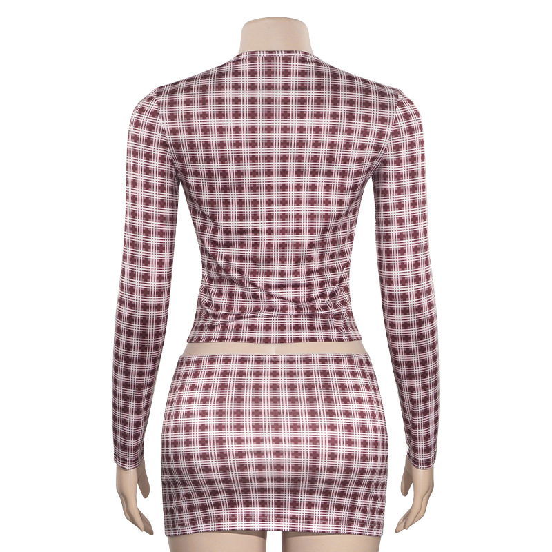 Round Neck Long Sleeve Crop Top & High-Waisted Mini Skirt Matching Outfit Fall Plaid Two-Piece Set
