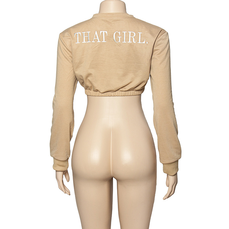  Solid Color Cropped Sweatshirt Round Neck Long Sleeve Crop Top