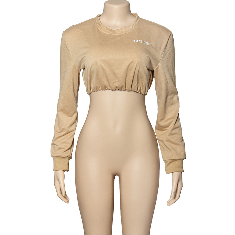  Solid Color Cropped Sweatshirt Round Neck Long Sleeve Crop Top