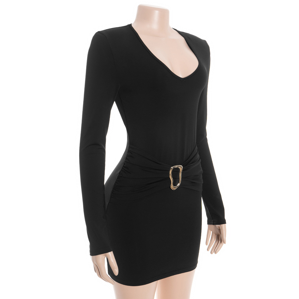 Deep V-Neck Long Sleeve Bodycon Dress