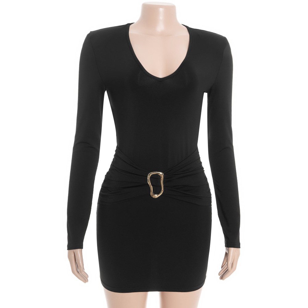 Deep V-Neck Long Sleeve Bodycon Dress