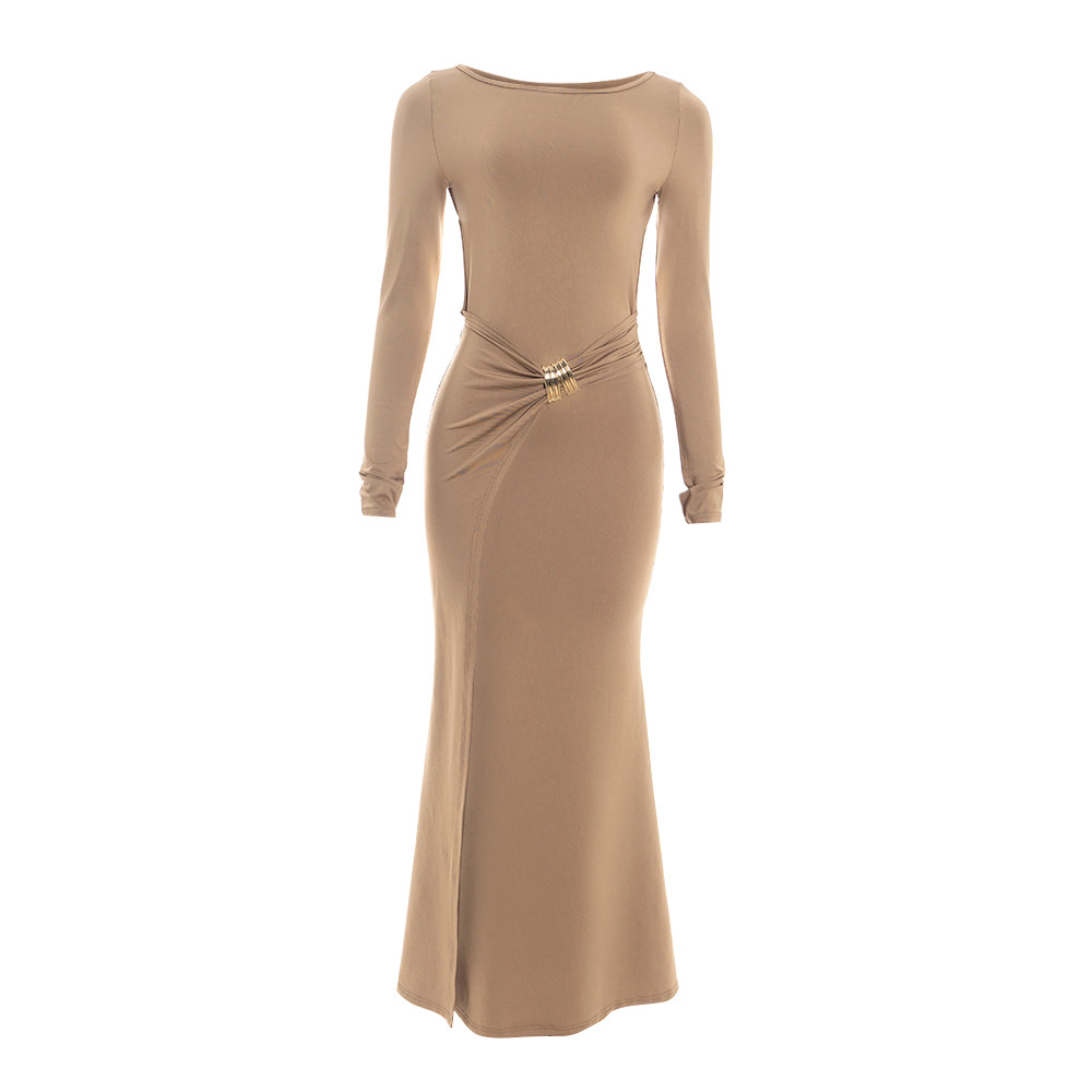 Solid Color Long Sleeve Backless Maxi Dress