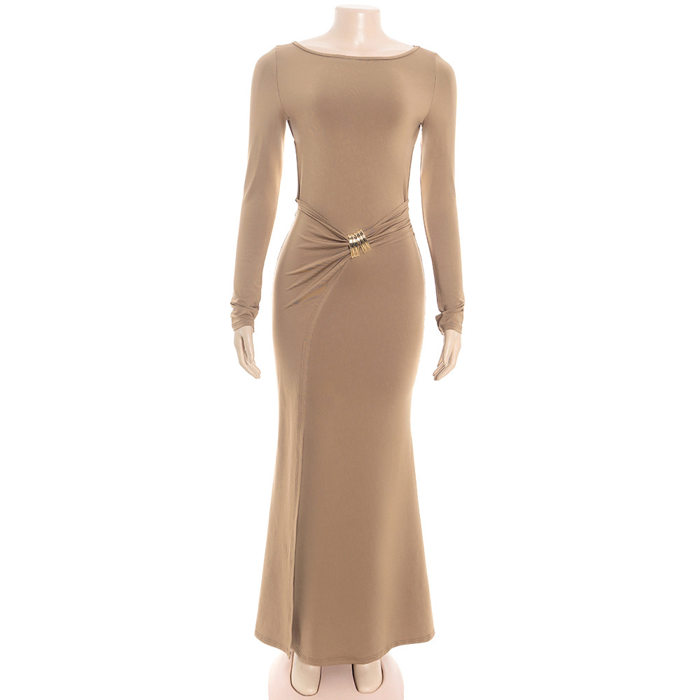Solid Color Long Sleeve Backless Maxi Dress