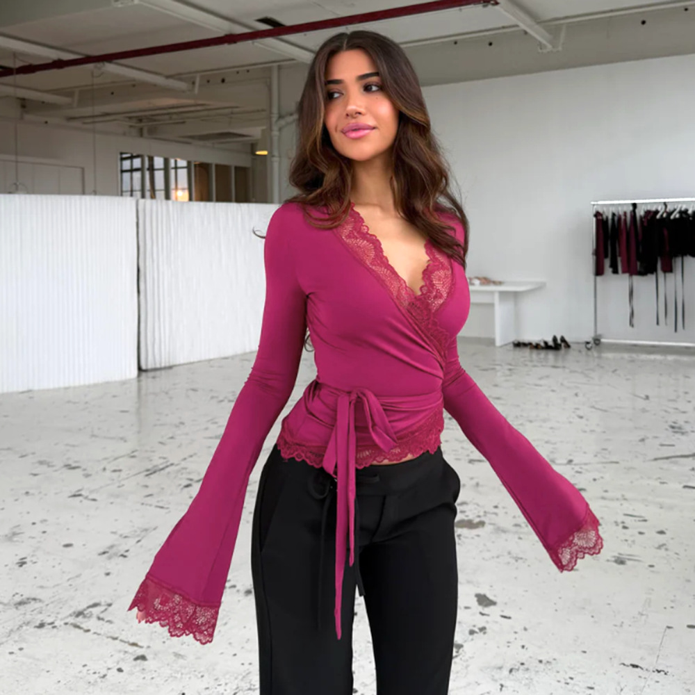 Lace-Trim V-Neck Fitted Long Bell Short Top