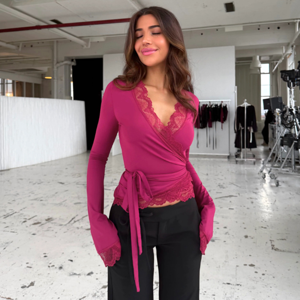 Lace-Trim V-Neck Fitted Long Bell Short Top