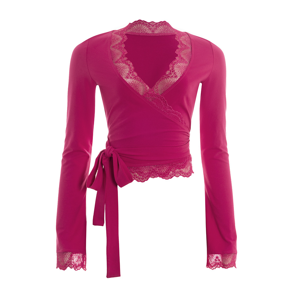 Lace-Trim V-Neck Fitted Long Bell Short Top