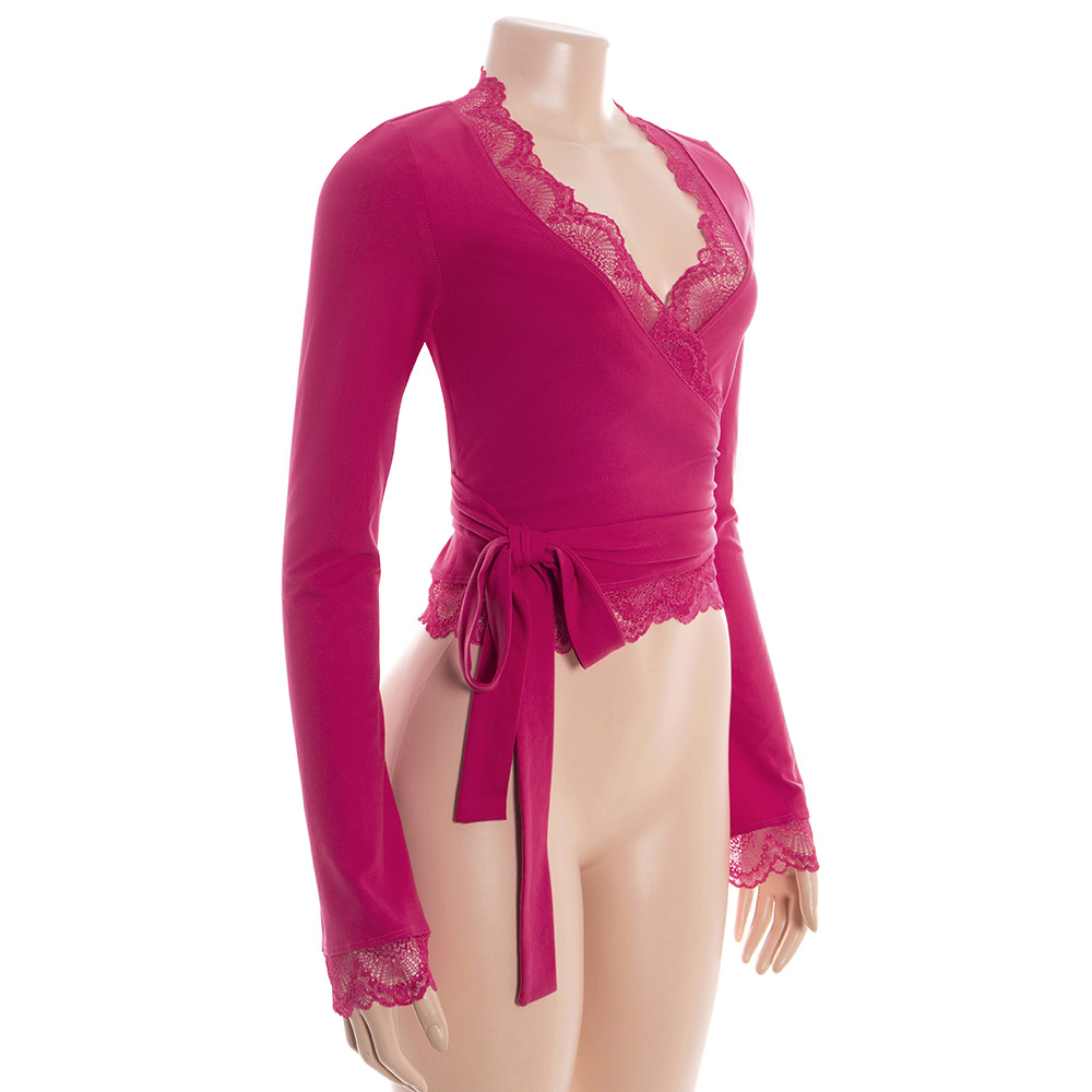 Lace-Trim V-Neck Fitted Long Bell Short Top