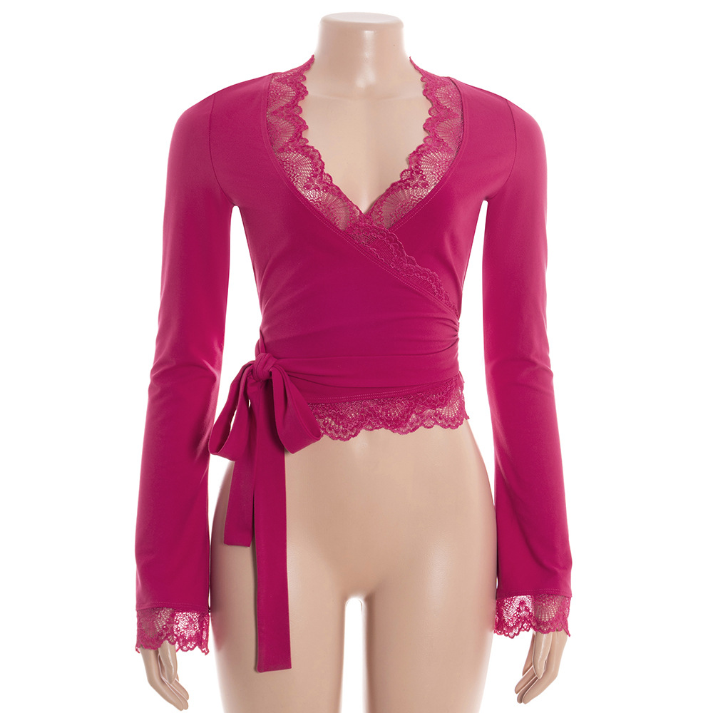 Lace-Trim V-Neck Fitted Long Bell Short Top