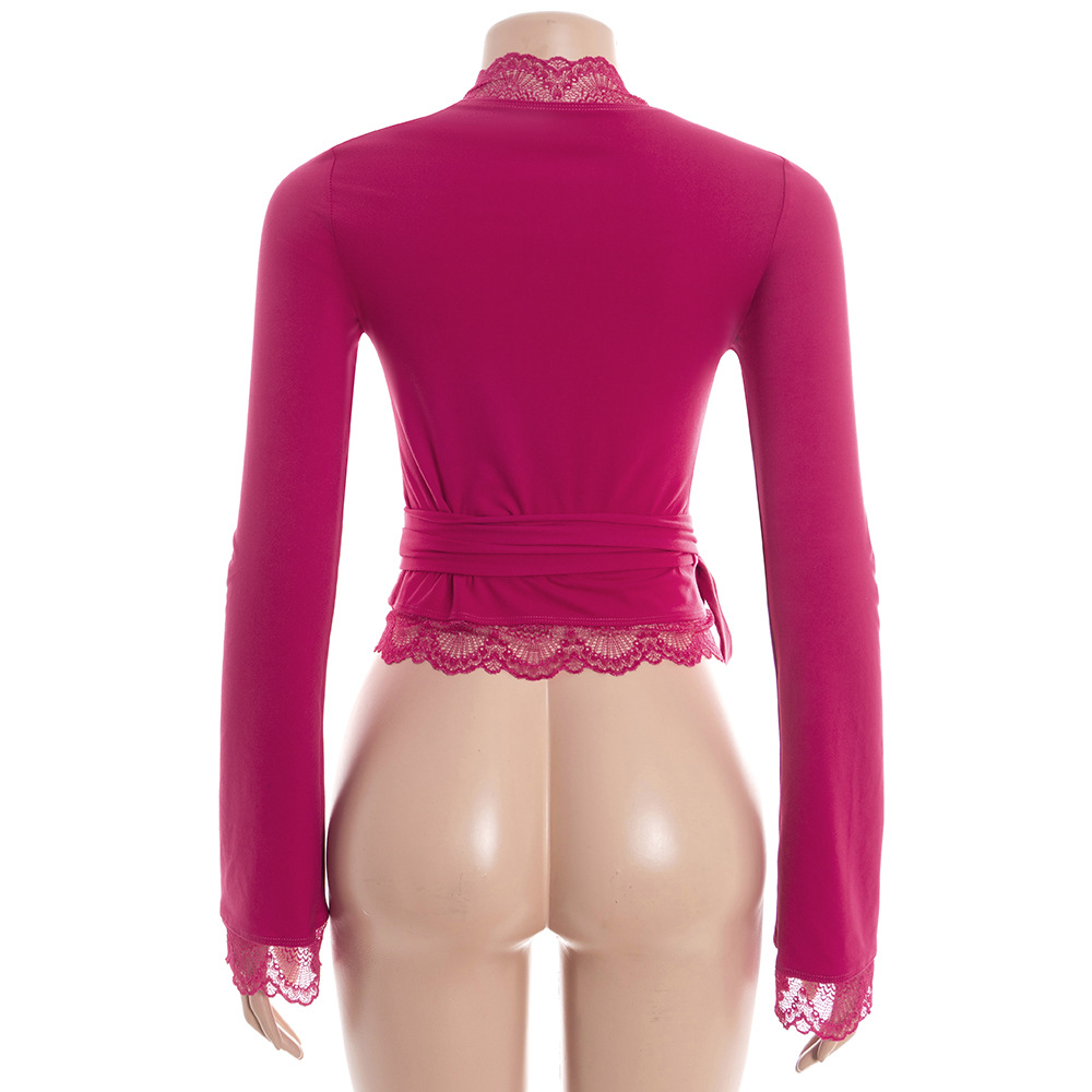 Lace-Trim V-Neck Fitted Long Bell Short Top