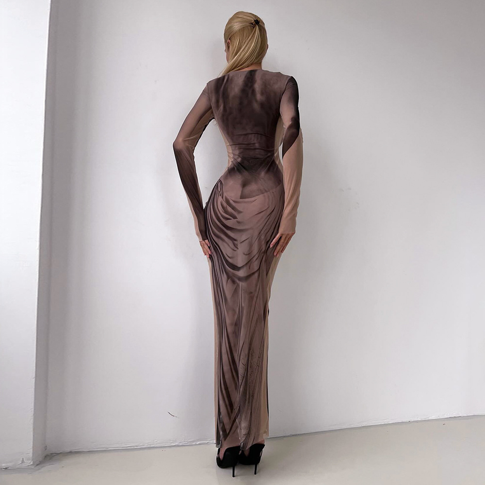 Round Neck Long Sleeve Printed Maxi Dress